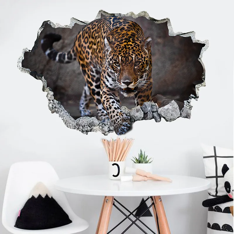 Black Night Leopard Broken Wall into Rooms Panther Vinyl Mural Stickers for Home Decoration Wild Animal Cheetah Jaguar Poster