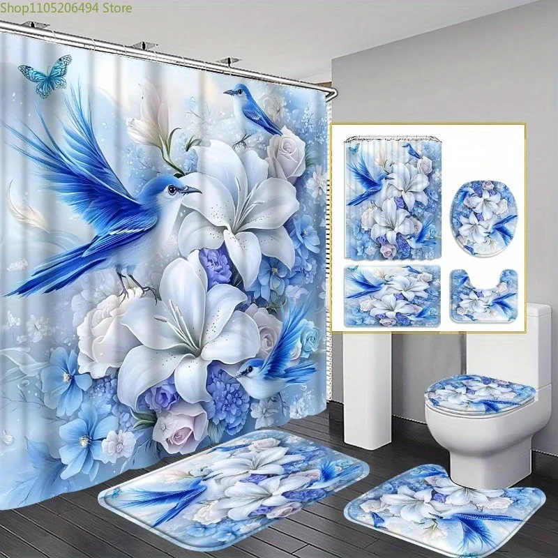 

1/3/4pcs Blue Bird Shower Curtain Set, Lily & Blue Bird Print Bathroom Decor, Includes, U-Pad, Lid Cover, 180x180cm, Curtain w