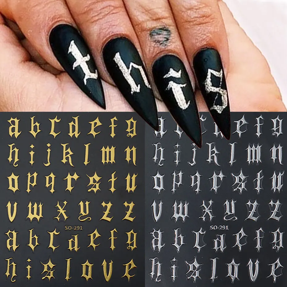 2/4 pçs gótico preto branco inglês carta arte do prego adesivos punk alfabeto romano encantos folhas y2k metálico manicure decoração