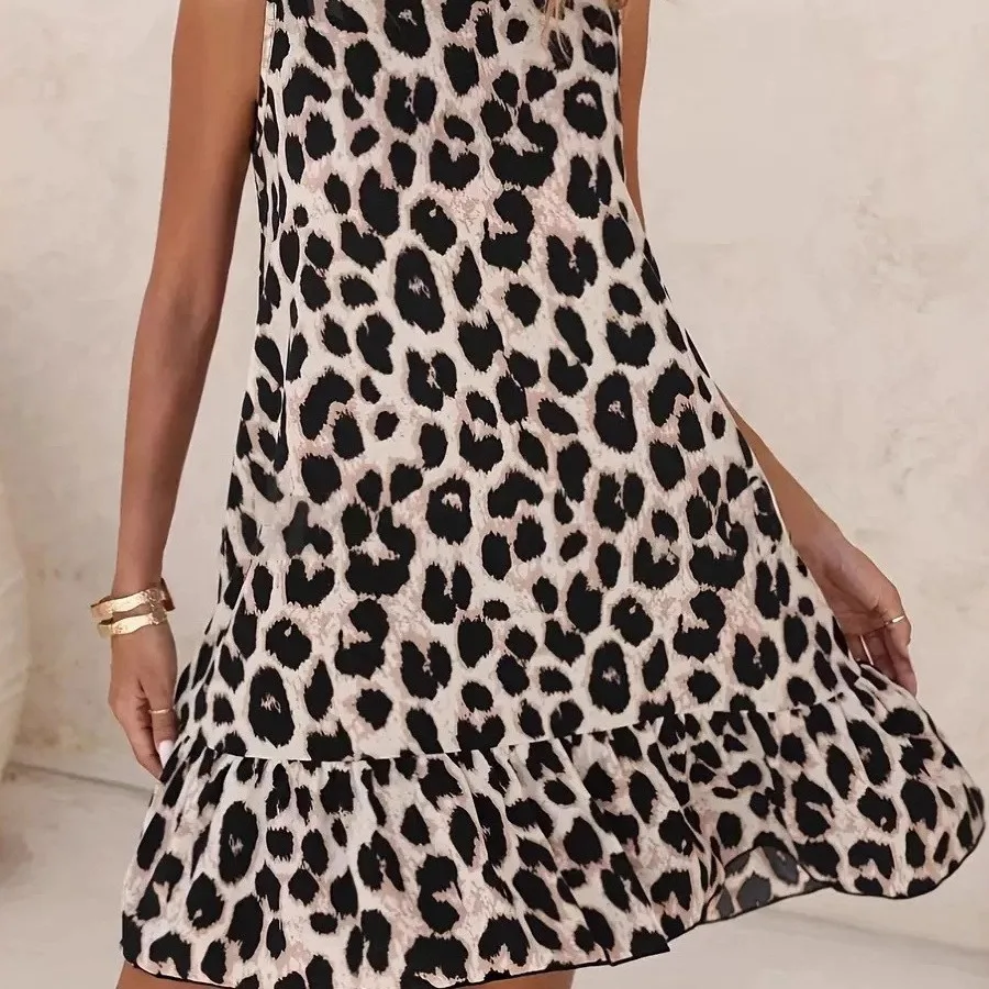 

【New Arrival】Women Leopard Print Sleeveless V Neck Ruffle Hem Loose Midi Dress Casual Beach Swing Sundress