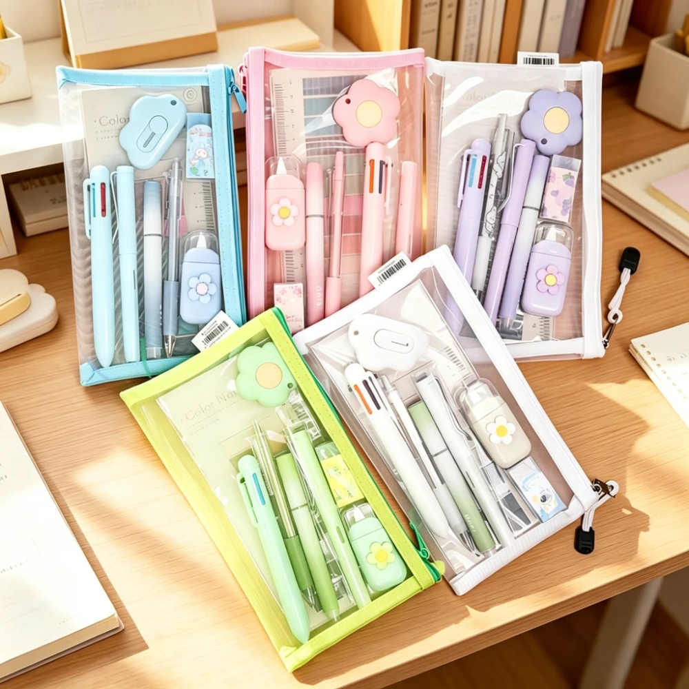 9Pcs/Set Stationery Set Pencil Case Utility Knife Eraser 6-Color Pen Highlighter Index Tabs Correction Tape Eternal Pencil Set
