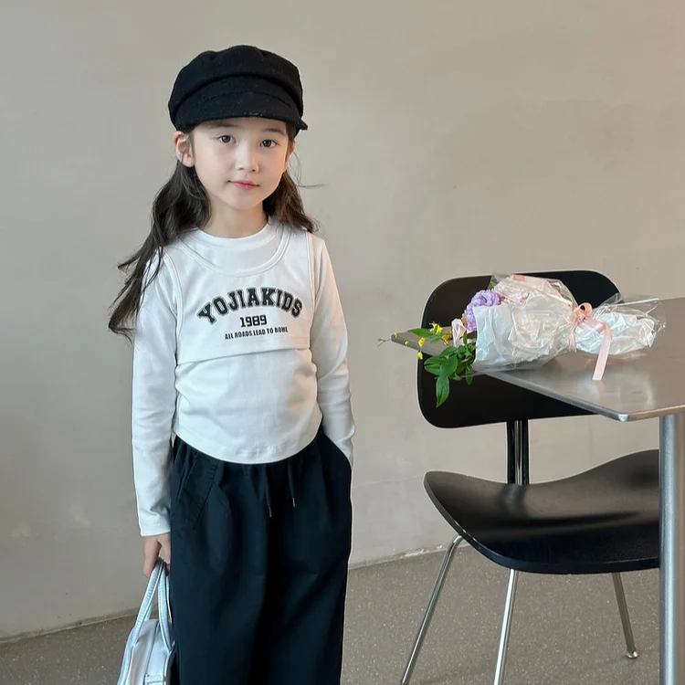 Girls Top 2024 Autumn New Childrens Wear Korean Style Baby Girl Fashion Long-sleeved T-shirt Fake Two Shirts Casual Simple Daily image 3