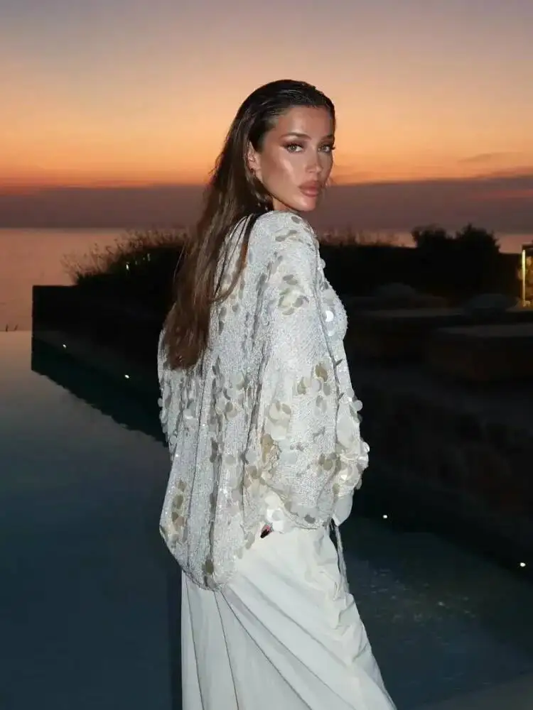 

Женская блестящая короткая свободная куртка с бисером, шикарный элегантный кардиган на шнуровке с v-образным вырезом и длинными рукавами, осень 2024, женская модная уличная одежда