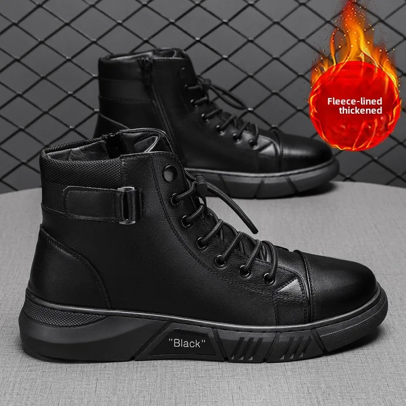 

Thick Soled Men Leather Shoes Autumn Winter Black Motorcycle Boots British Style Lace Up Boots Waterproof Boot Bota Masculina