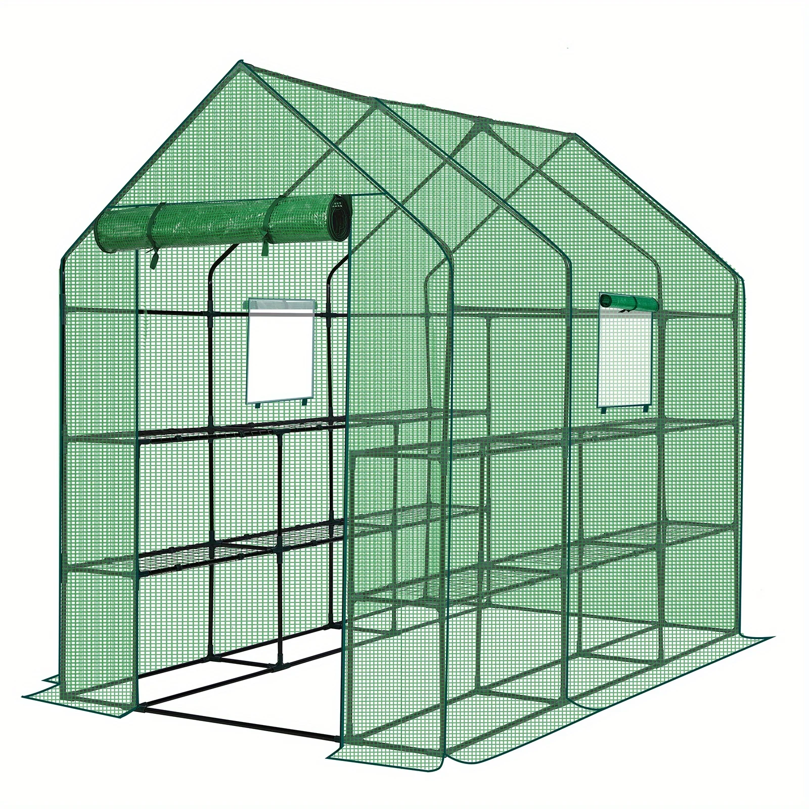 

RERERE 56X85X77in PE cloth flower house Green PE cloth/ white PE cloth Dark green iron pipe Pointed roof with 12 mesh flower racks with zipper rolling door