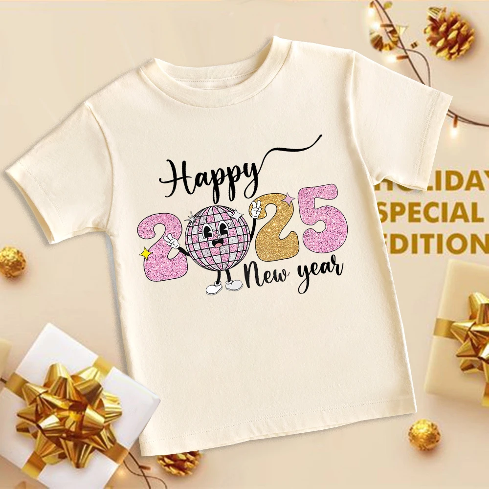 

Happy New Year 2025 Printed Kids Shirt Child Short Sleeve T-shirt Boys Girls New Year Tee T-shirt Holiday Toddler Retro Outfit