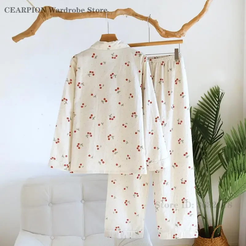 Sweet Cherry Long Sleeved Trouser Pyjamas Suit Spring Autumn Cotton Sleepwear Loungewear Loose Casual Home Clothes Pajama Set 5