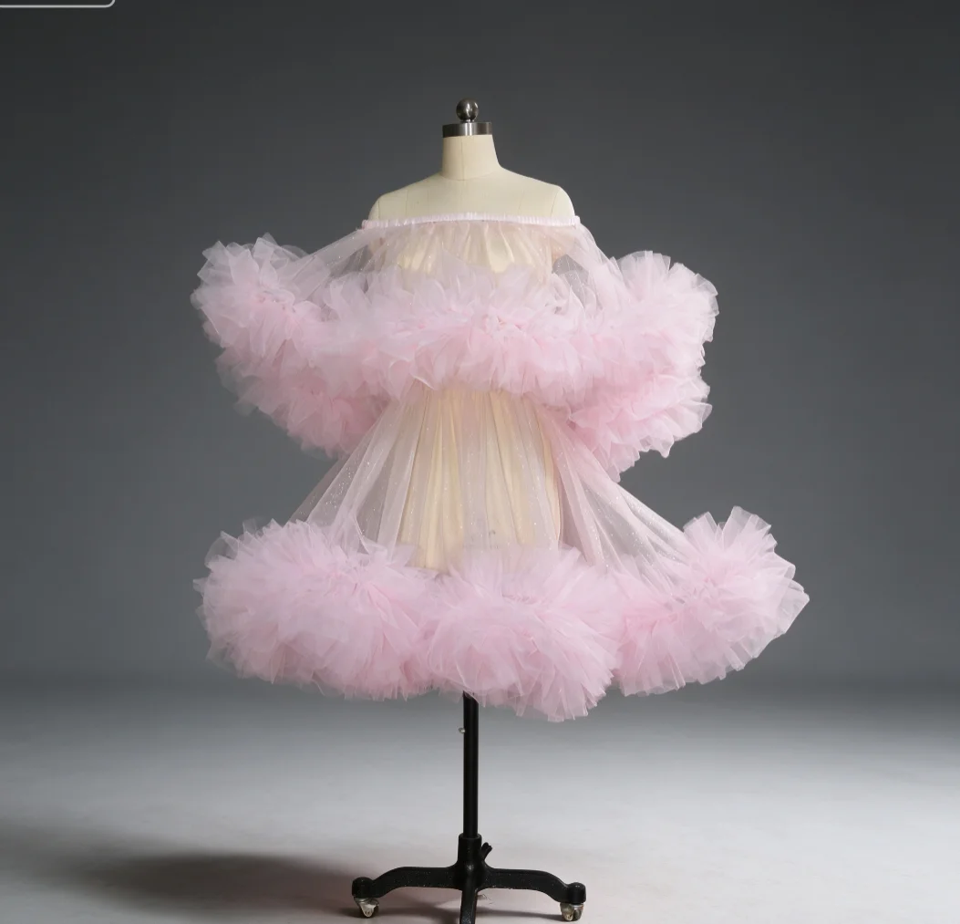 Tulle Fluffy Ruffle Mini Dress Two Layer tulle Off Shoulder Costume Maternity photoshoot Outfit Wedding Photoshoot Party skirt