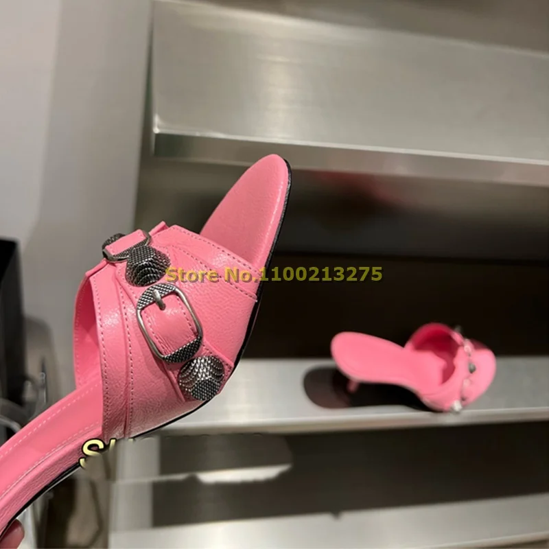 

Rivet Pink Leather Slippers Thin High Heel Slip On Round Toe Metal Buckle Fashion 2024 Summer Women Shoes Hot Sale