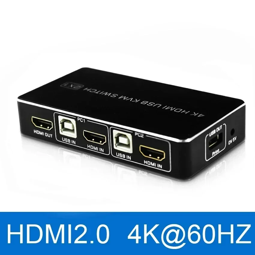 4K 60Hz 2 Port USB HDMI KVM Switch 1080p HDMI2.0 Switcher 2X1 Support Keyboard Mouse Printer, Laptop To Monitor Video Converter