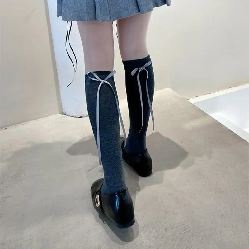 270D Japanese Women Girls Elegant Ribbon Bowknot Long Tube Socks Elegant Breathable Cotton Students Knee Length Stockings
