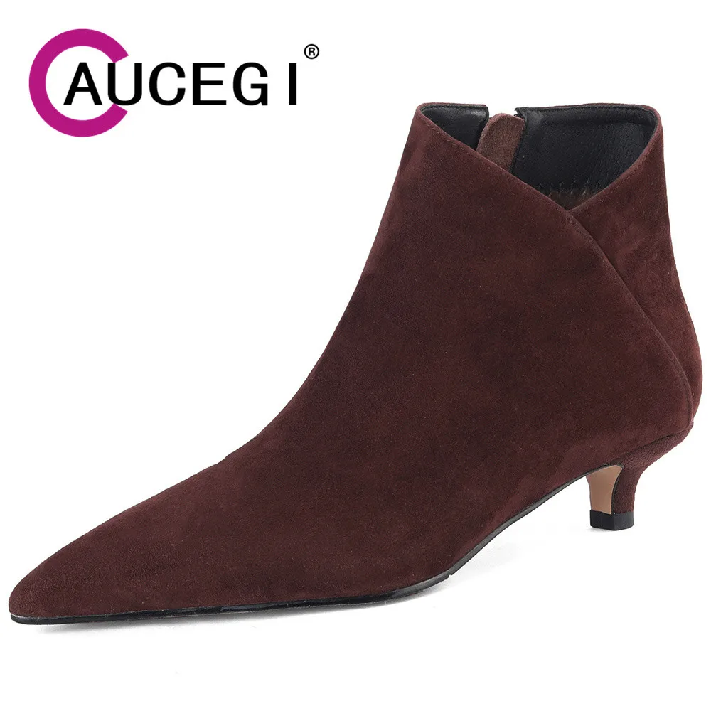 

Aucegi Hot Sale Sexy Pointed Toe Kid Suede Ankle Boots Women Fashion Side Zipper Slim Low Heels Party Dress Handmade Shoes Brown