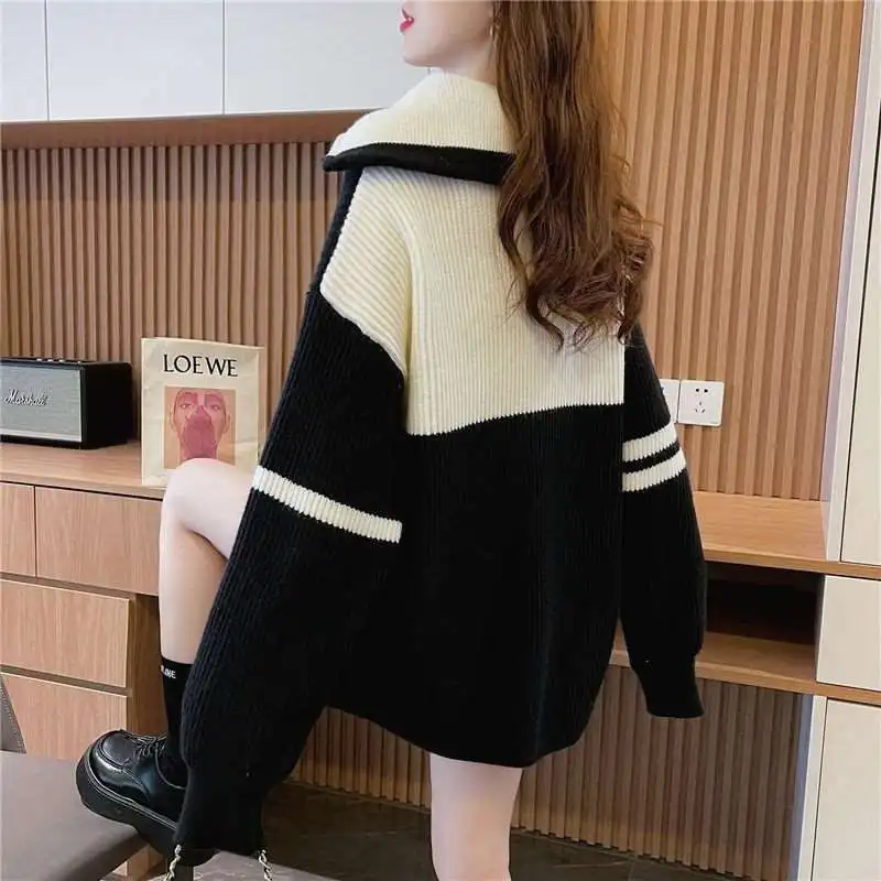 Thickened Long Sleeve Sweaters New Spring Autumn Color Block Turtleneck Zipper Fashion Casual Loose Mid Length Version Tops