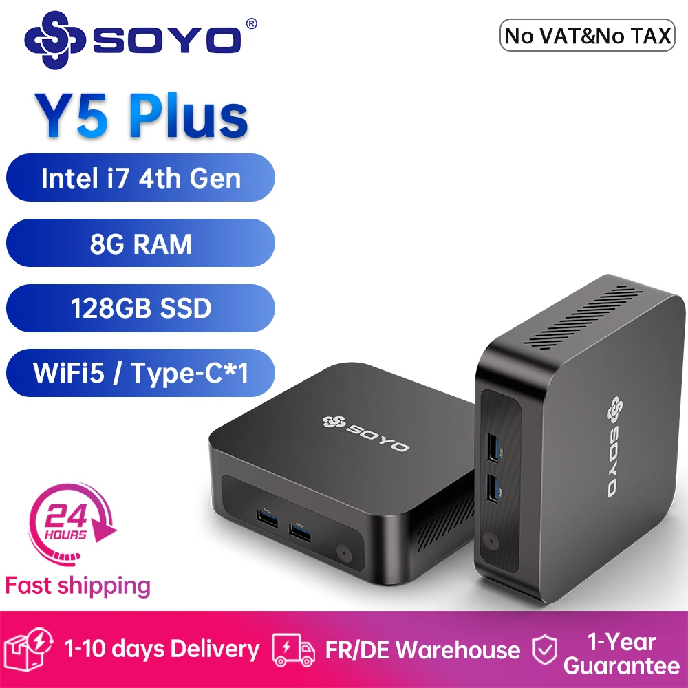 SOYO Y5 Plus Mini-PC mit Intel Core i7 Prozessor der 4. Generation, Windows 11 Pro, 8 GB RAM, 128 GB M.2 SSD, unterstützt zwei 4K-Displays über USB-C, ideal für Büro und Business.