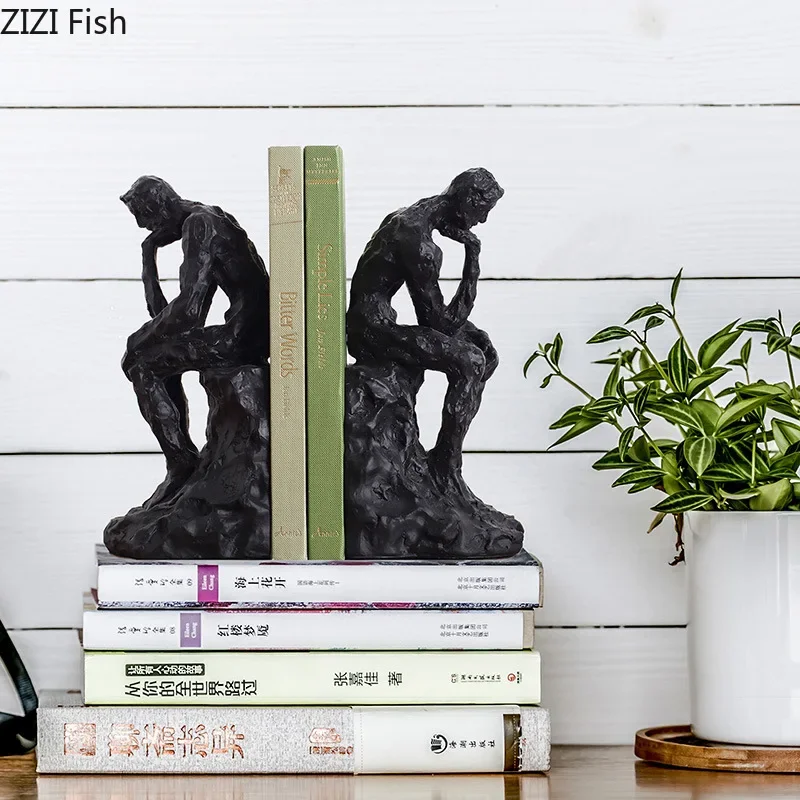 Black Thinker Reader Sculpture Library Bookshelf Bookend Abstract Character Resin Statue Desk Decoration Figures Statuette