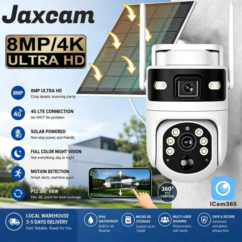 Dual Screens 8MP 4K IP PTZ Solar Camera 4G Sim Outdoor Dual Lens IP Camera PIR Motion Detection Color Night Vision CCTV Security Camera ICam365