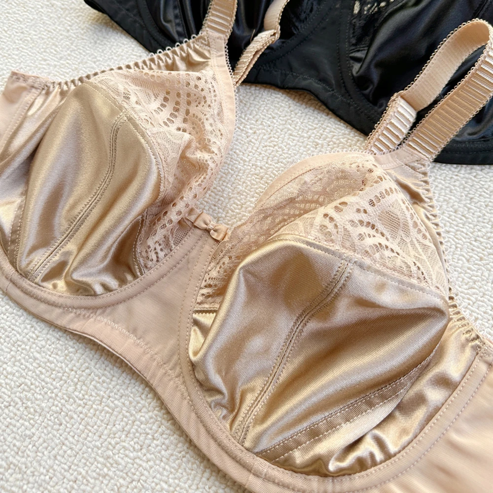 Soutien-gorge à armatures en dentelle transparente non rembourrée pour femmes, couverture complète, lingerie sexy, minimiseur, noir uni, 38, 40, 42, 44 C D esse