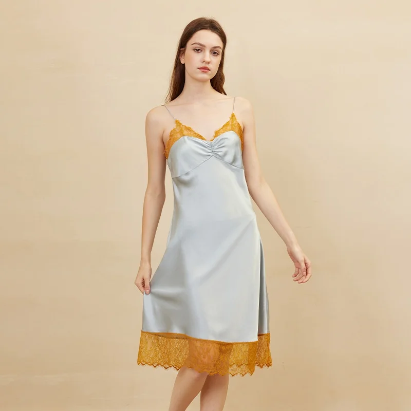 BirdTree, OEKO-TEX, 19MM 100% Silk Pajamas Dresses, Women Plain Satin Sling Dress, Lace Homewear, Casual Nightdress D62120JF