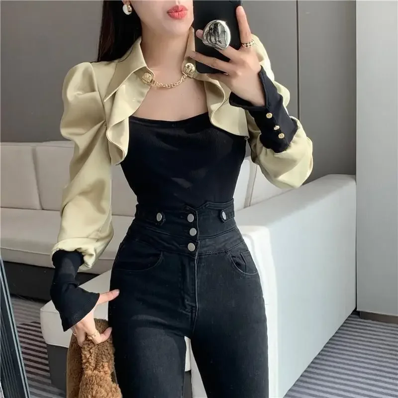 

Office Lady Solid Color Patchwork Shirt Fake Two Spring Autumn Women's Clothing Korean Fashion Button Chain Blouse Slim TopsZT83
