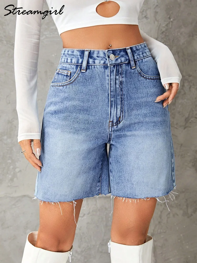Pantaloncini di jeans a vita alta Donna Estate 2025 Jeans corti basic casual per donna Pantaloncini estivi da donna slim blu Gamba dritta