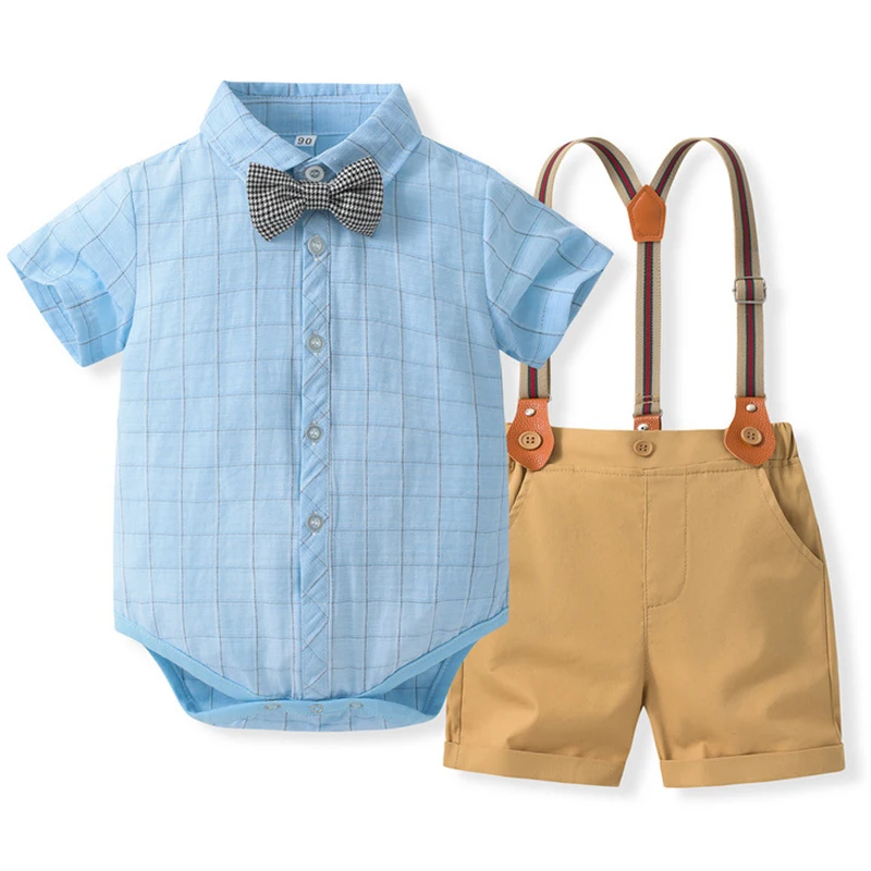 

2Piece Summer Newborn Clothing Set Baby Clothes Casual Plaid Fashion Gentleman Tie Bodysuit+Shorts Toddler Boy Outfits BC347