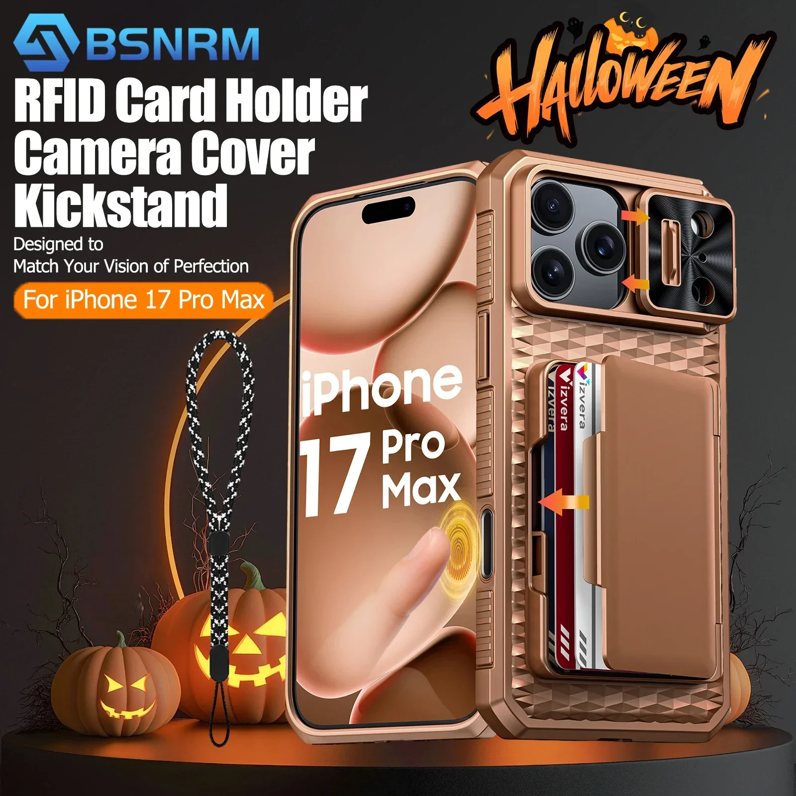 

Подарки на Хэллоуин, защитный чехол для всего тела с держателем для карт, чехол для камеры и подставка для iPhone17 Pro Max, чехол-кошелек-золотой