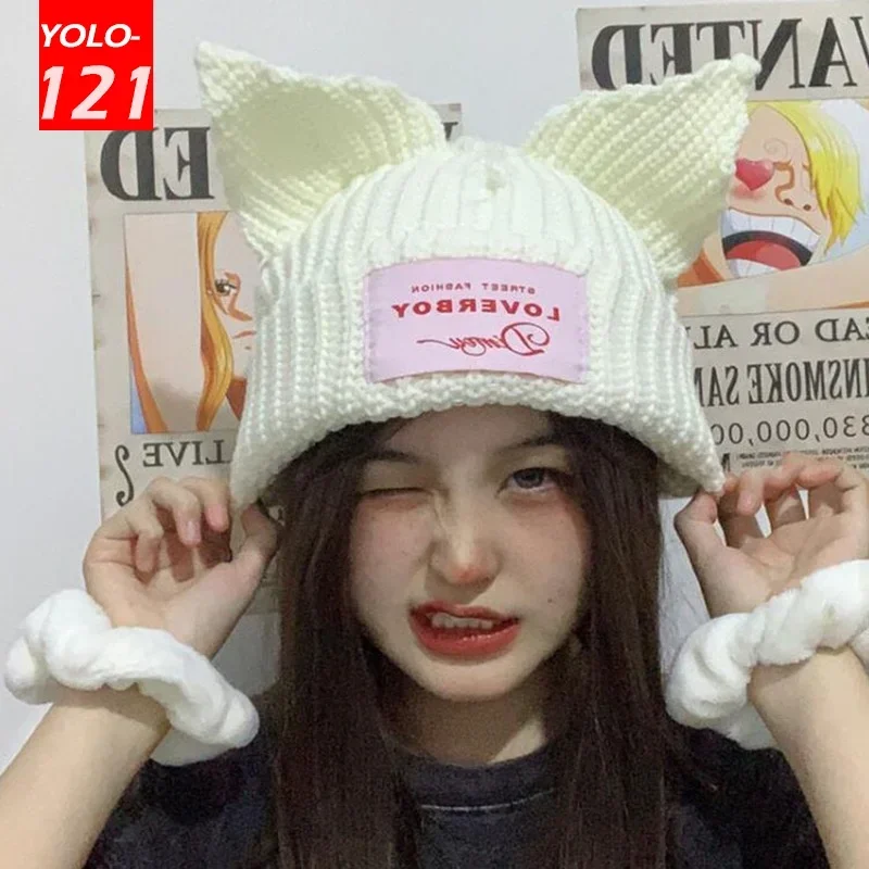 Loverboy Cat Ear Knit Hat Double-layer Warm Pig Ear Woolen Hat Cute Fashion Hooded Cap Niche Design Hip-hop Personality Cold Hat