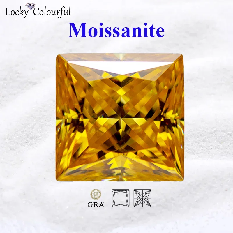 

Moissanite Princess Cut Golden Yellow Color Top Quality Charms Beads for DIY Jewelry Making Rings Materials with GRA Certificate