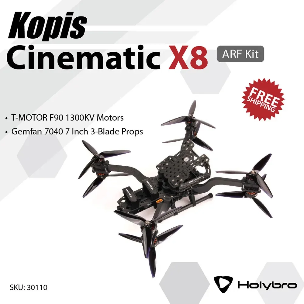 Holybro Kopis Cinematic X8 8inch 396mm FPV Frame ARF Kit W/ T-Motor F90 KV1300 Brushless Motor Gemfan 7040 3-Blade Propellers