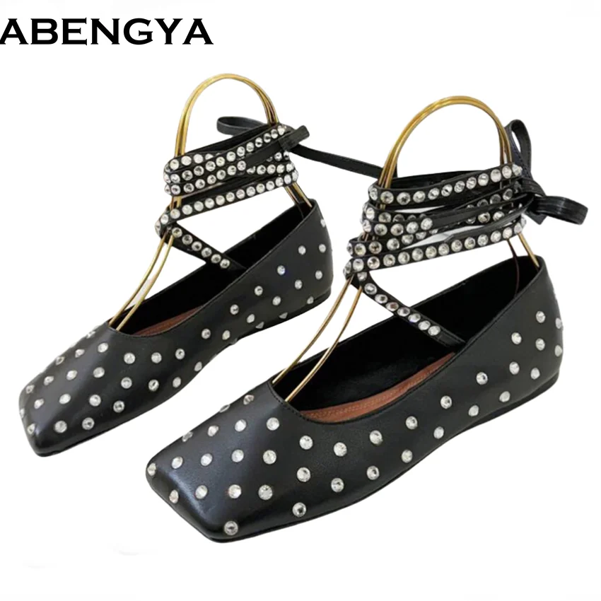 

Spring Hollow Out Loafers Women's Crystal Studded Shallow Mouth Flat Shoes Square Toe Ballet Flats Shoes Ladies Mules