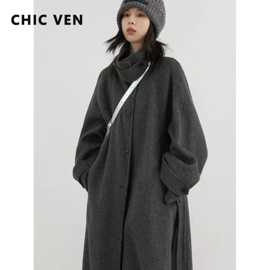 CHIC VEN Cappotto di lana da donna coreano monopetto allentato colletto alla coreana cintura lungo soprabito da donna double face autunno inverno