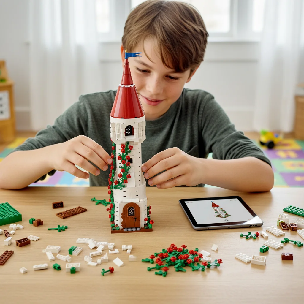 Bloc de construction de particules MOC, tour de roses assemblée, ornement de fleur, jouet éducatif, modèle de château, Architecture moderne