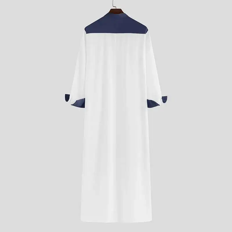 Men's fashion versatile patchwork color blocked stand up collar door tube loose fit Muslim long sleeved robe Middle Eastern robe