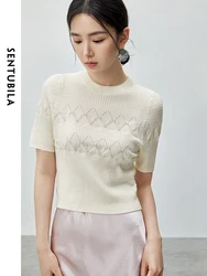 SENTUBILA Argyle Hollow Out Knitted Pullovers 2024 Summer Round Neck Simple Straight Knit Short Sleeve Tops Clothing W42H55119