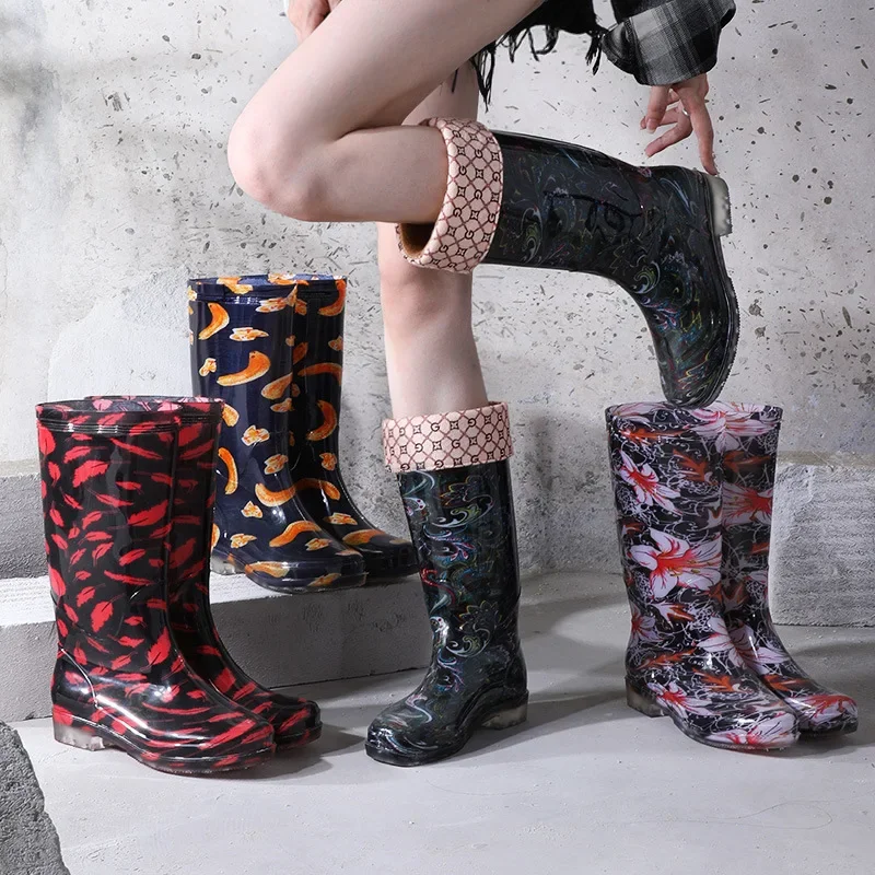 Comemore Rainboots Women High Long Boots Non-slip Waterproof Shoes 2023 New Rain Boots Fashion Print Women\'s Mid Calf Galoshes