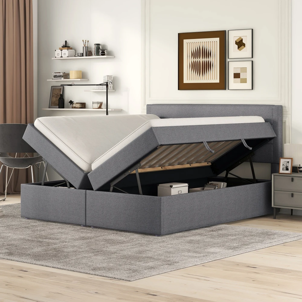 Gepolstertes Doppelbett 200×140cm, Metallgitterrahmen, beidseitig offener, geräumiger Stauraum (ohne Matratze) – Detail 3