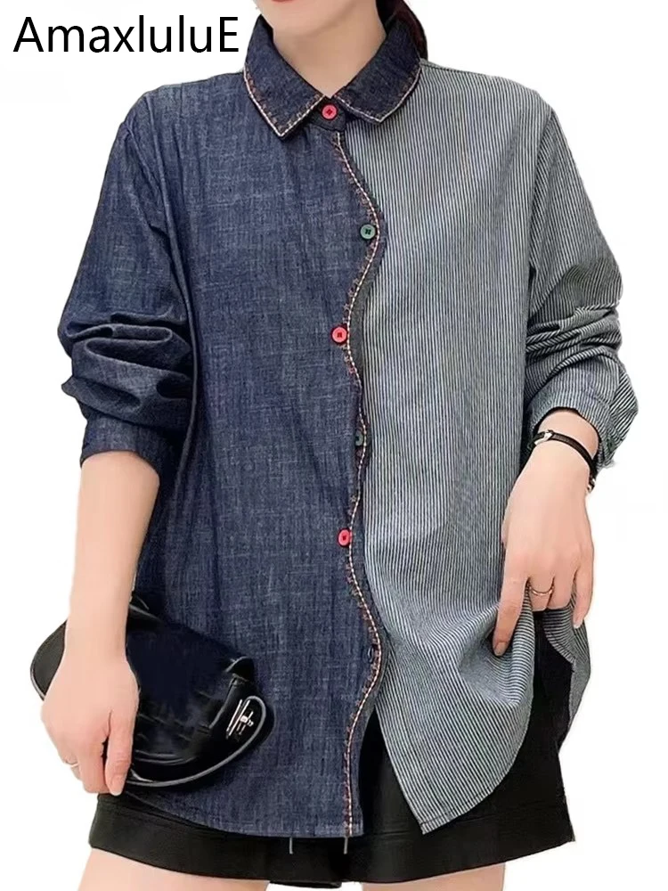 

Amax luluE Winter Korean Fashion Blouses Womens Fashion Loose Striped Denim Shirts Ladies Classic Casual Vintage Elegant Tops