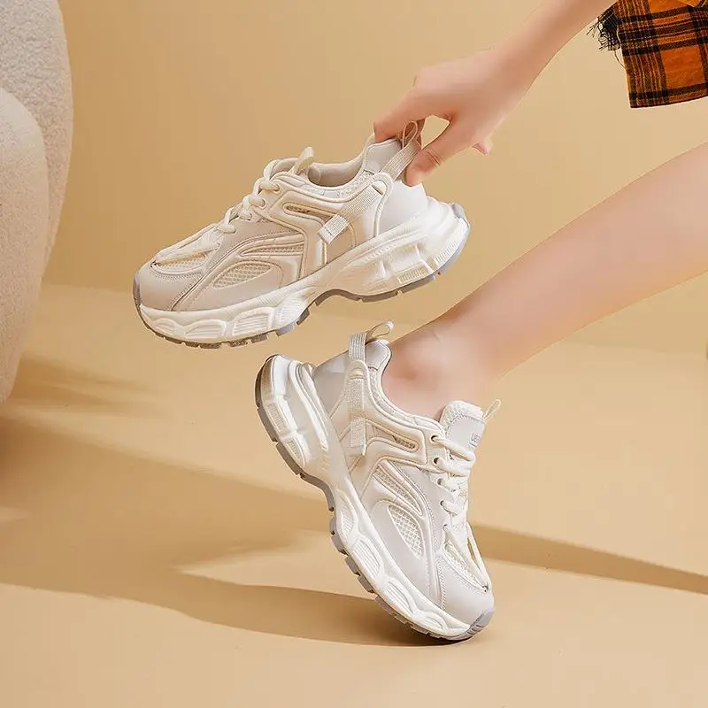 

Casual Breathable Mesh Upgraded Leather Sport Shoes Heightening Old Dad Shoes INS Style Flat Knot Rubber Outsole Low Heel