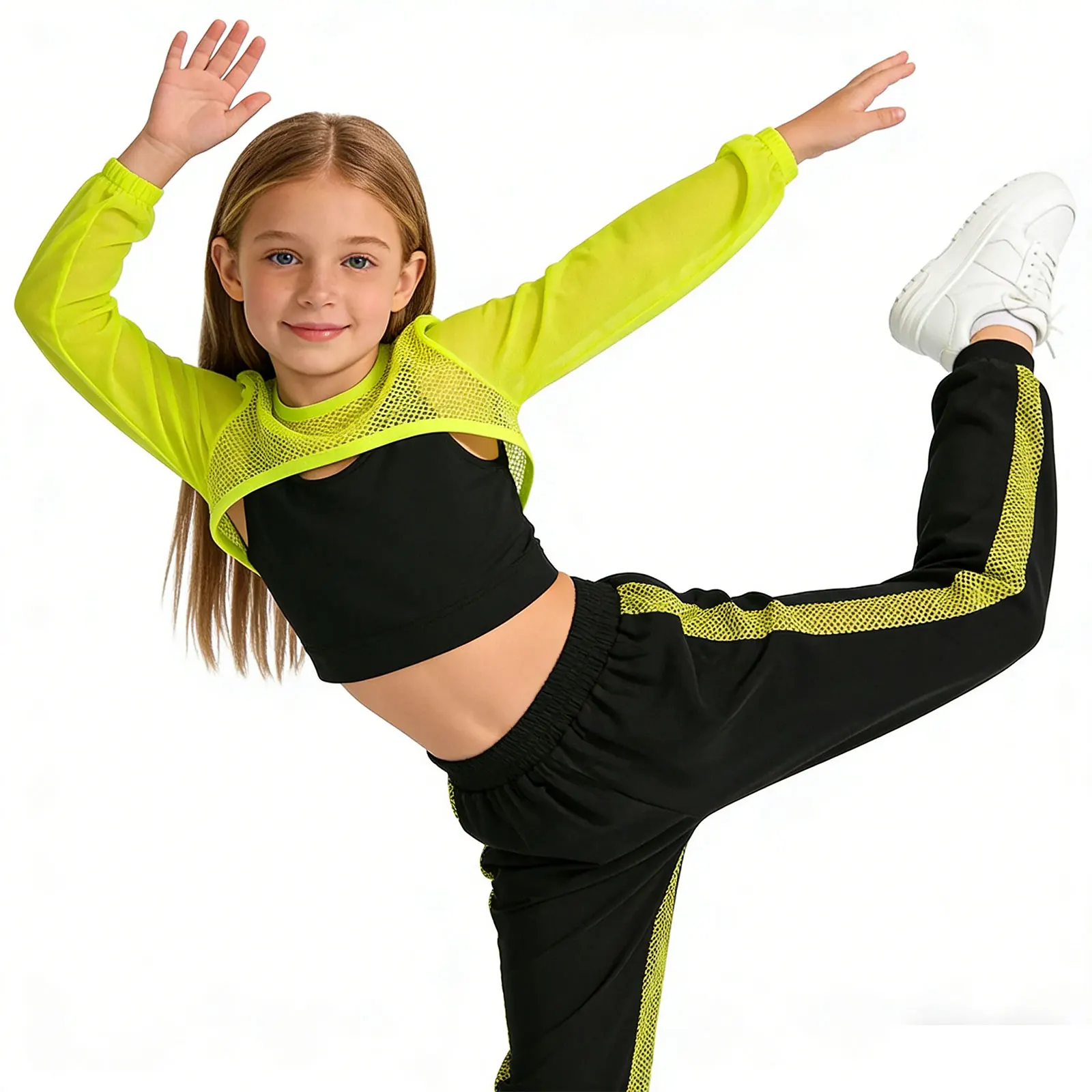 

Kids Girls Hip-Hop Jazz Street Dance Outfit Long Sleeve Hollow Out Mesh Crop Top with Sleeveless Vest And Pants Tracksuit
