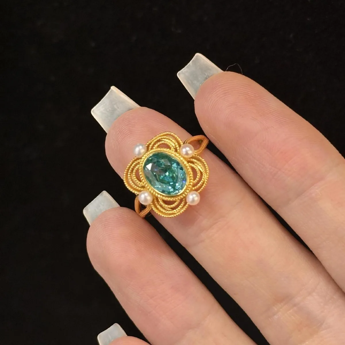 Original design Blue green gemstone rings for women high-end exquisite inlay pearl ring adjustable wedding jewelry gifts