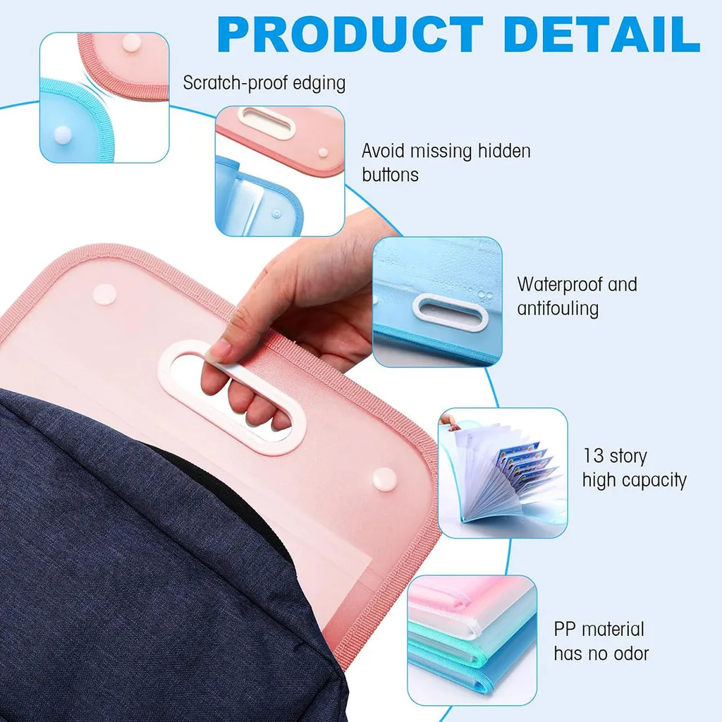 A4 Portable Vertical Thickened 13 Grids Organ PP Translucent Folder Student Data Storage File Bag School Stationery Supplies