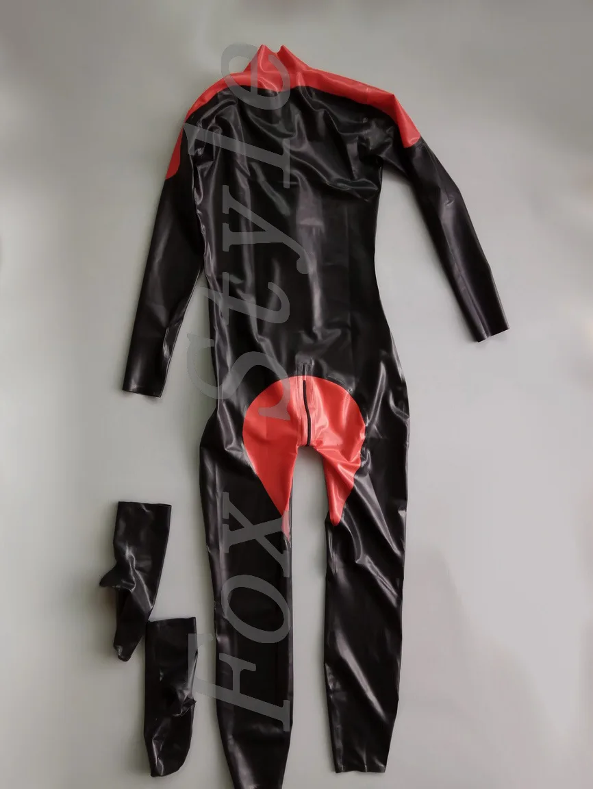 Rubber catsuit with socks separated Men 's latex zentais front zipper to ass main black and red trim