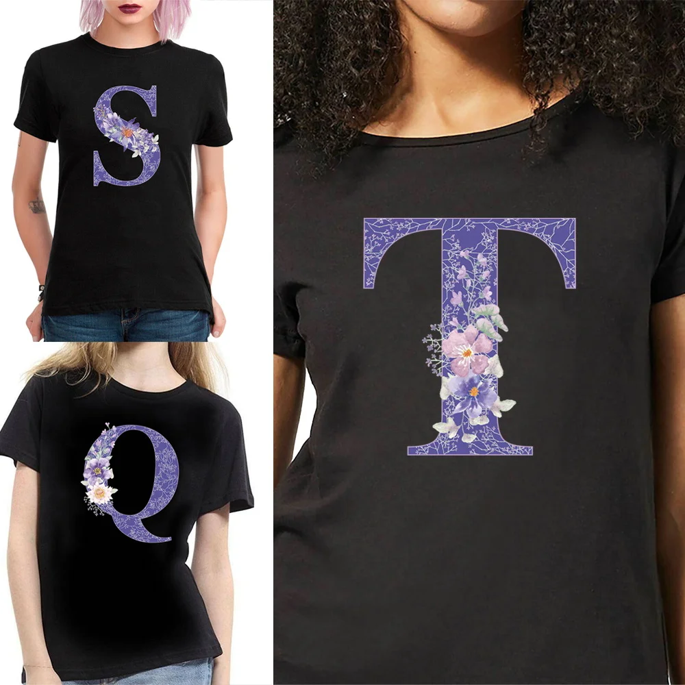 

Summer Tees Women T-shirt Purple Flower Print Short Sleeve Harajuku Cool Hip Hop O-neck Tops T shirt for women Casual Street Top