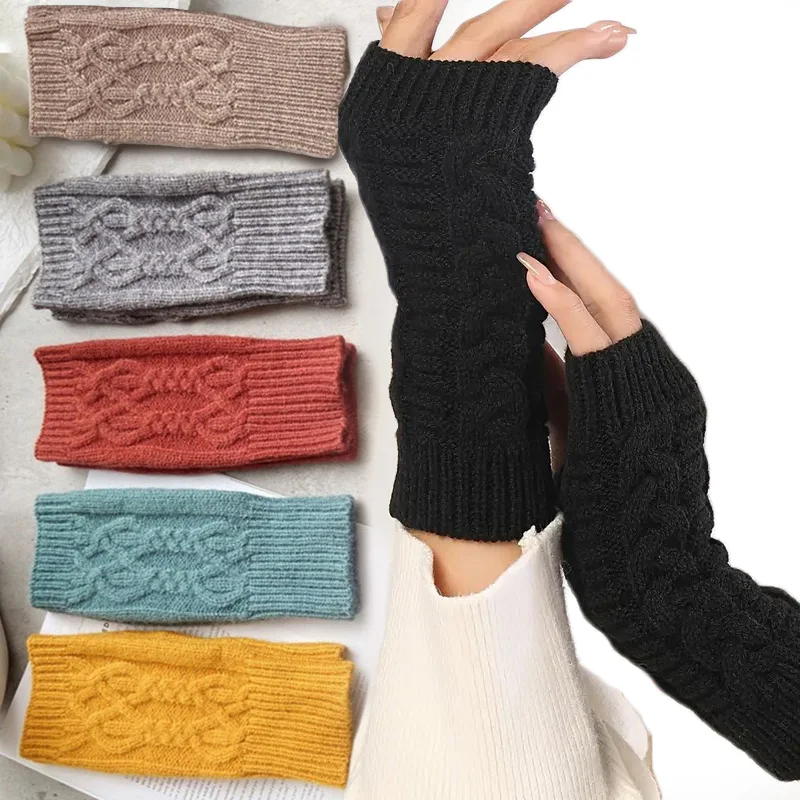 

Women Warm Wool Fingerless Gloves Winter Knitted Half Finger Arm Cover Wrist Sleeve Colors Soft Crochet Twist Pattern Mittens