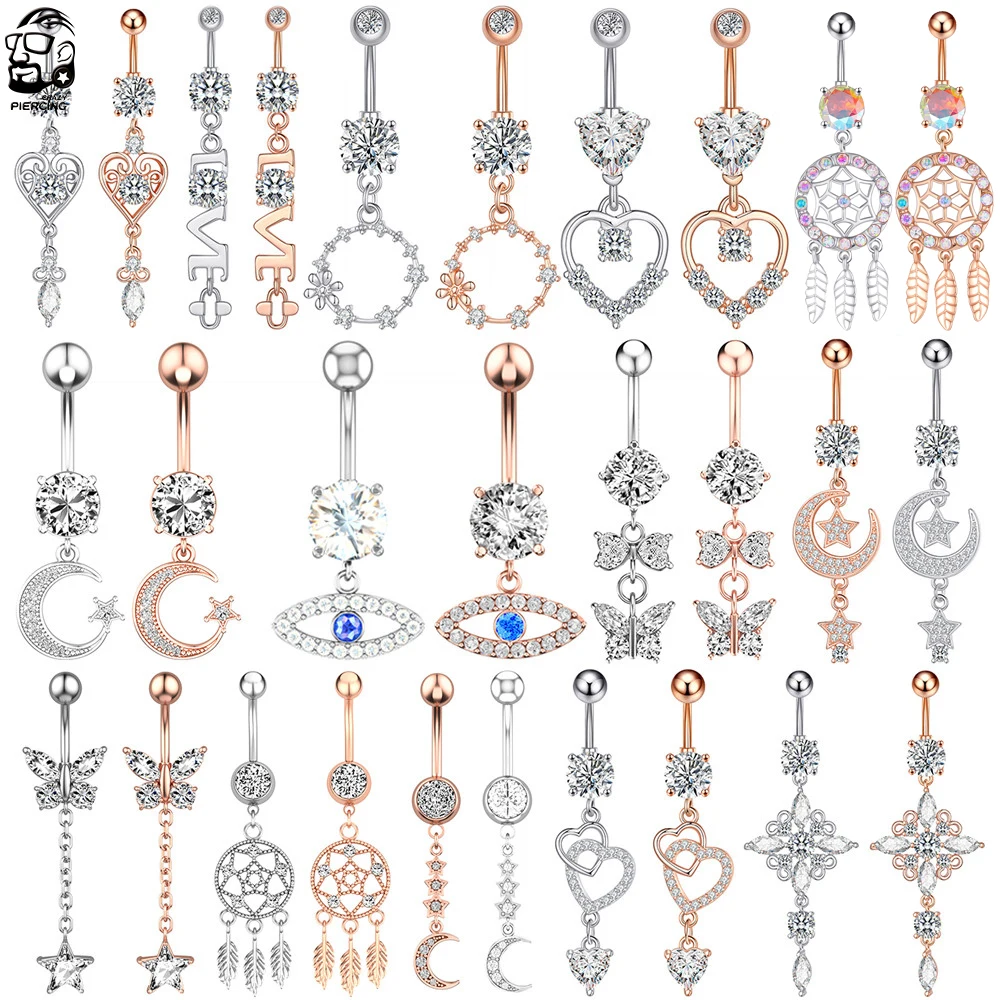 Sexy Dangling Navel Belly Button Ring for Women Girls 14G Heart Butterfly Crystal Belly Piercing Oreja Beach Belly Navel Rings