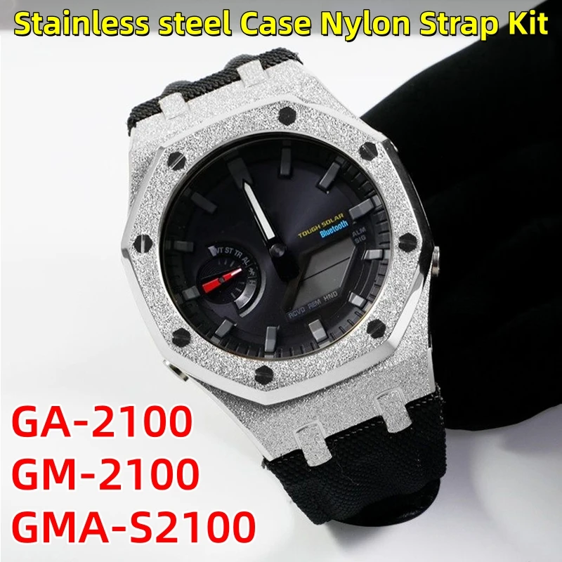 

For Casio GA‑2100 GM‑2100 GMA‑S2100 Farm oak Octagonal Frosted Gold Metal Bezel Nylon Strap Set Watch Mod Replacement band Parts