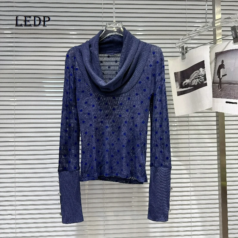 

2026 Spring Heap Collar Edge Polka Dot Knitted Long-sleeved Women's T-shirt Retro Design Blue Sweet Cool Versatile Top Ladies