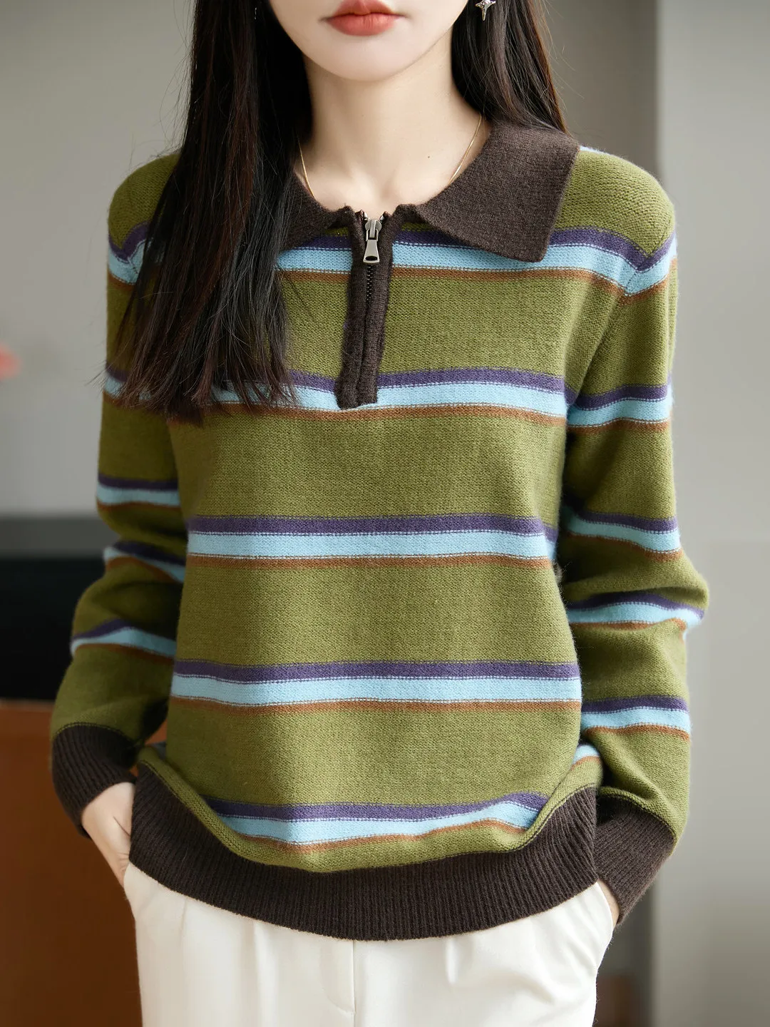 

Свитер с воротником в полоску в стиле ретро, женский осенне-зимний утягивающий вязаный топ, цвет Blo Long Sve, стандартный крой