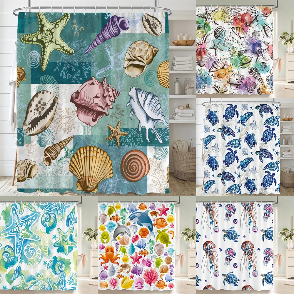 

3D Cartoon Ocean Starfish Shell printing Shower Curtain Polyester Waterproof Fabric Bathroom Curtains Decor Partition Screen