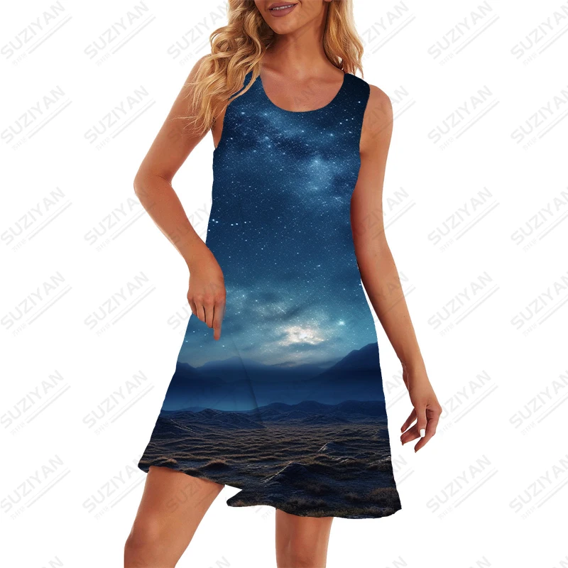 Vestido solto sem mangas feminino, céu estrelado, impressão 3D, simples, macio, casual, moda de rua, verão